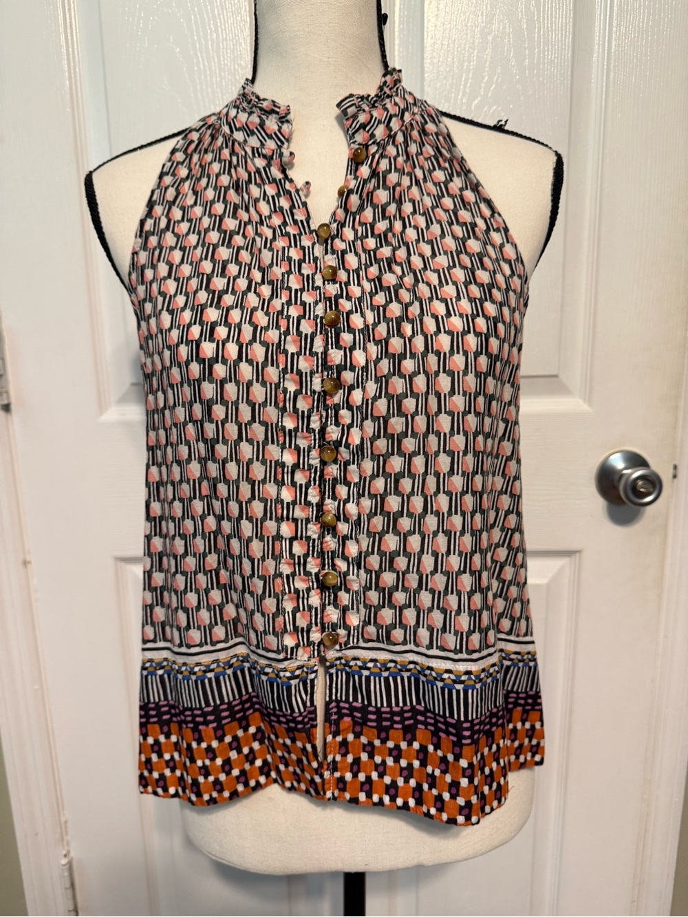 Maeve Pink & Black Patterned Halter Button-Front Camisole